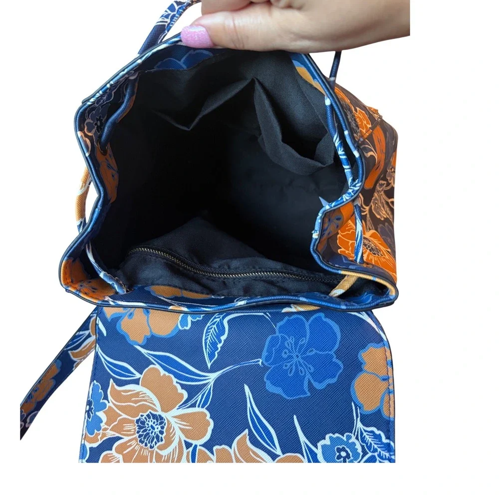 Jacklyn SmithFloral Print Faux Leather Drawstring Backpack Navy Orange Botanical